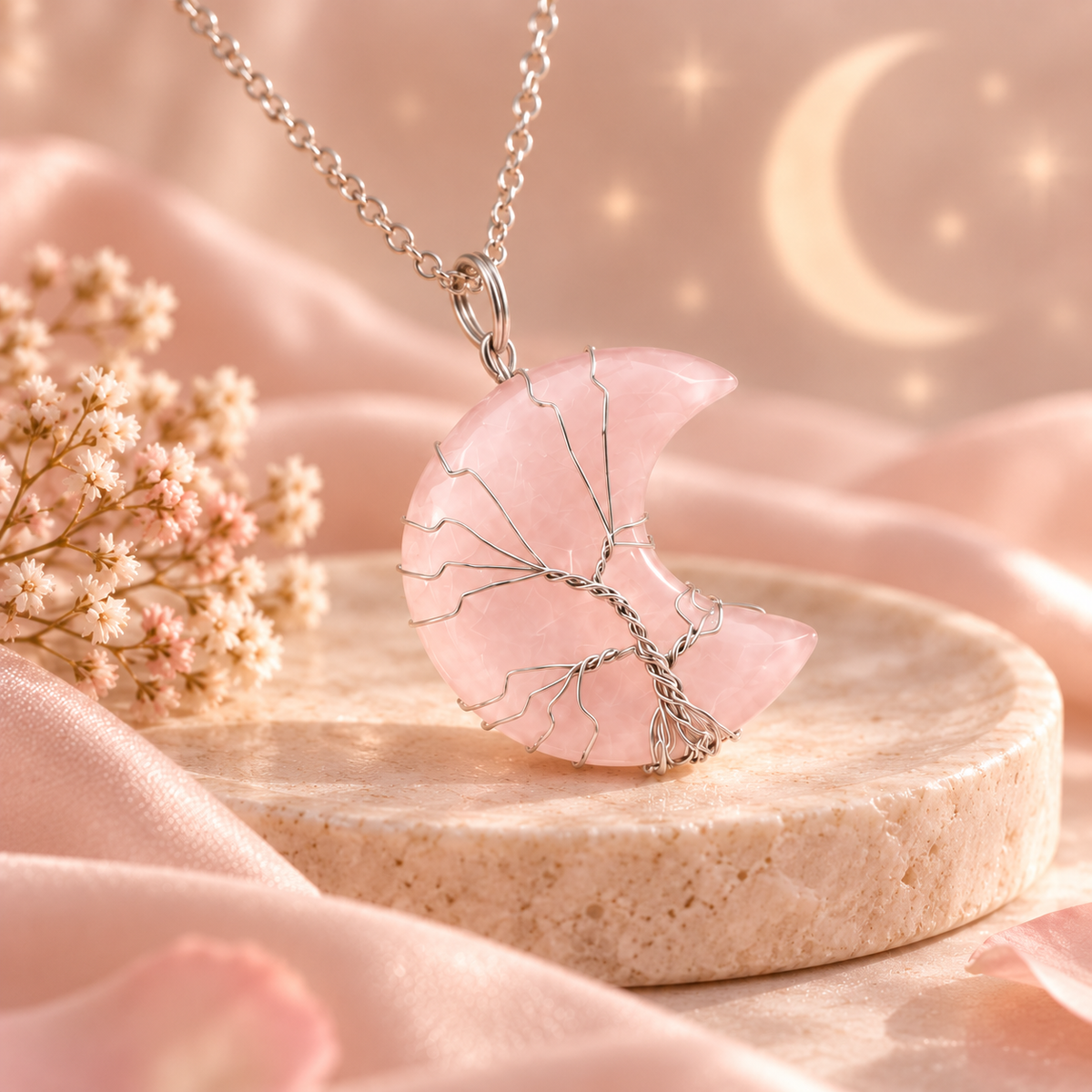 Rose quartz crescent moon necklace for Love & Self-Care collection